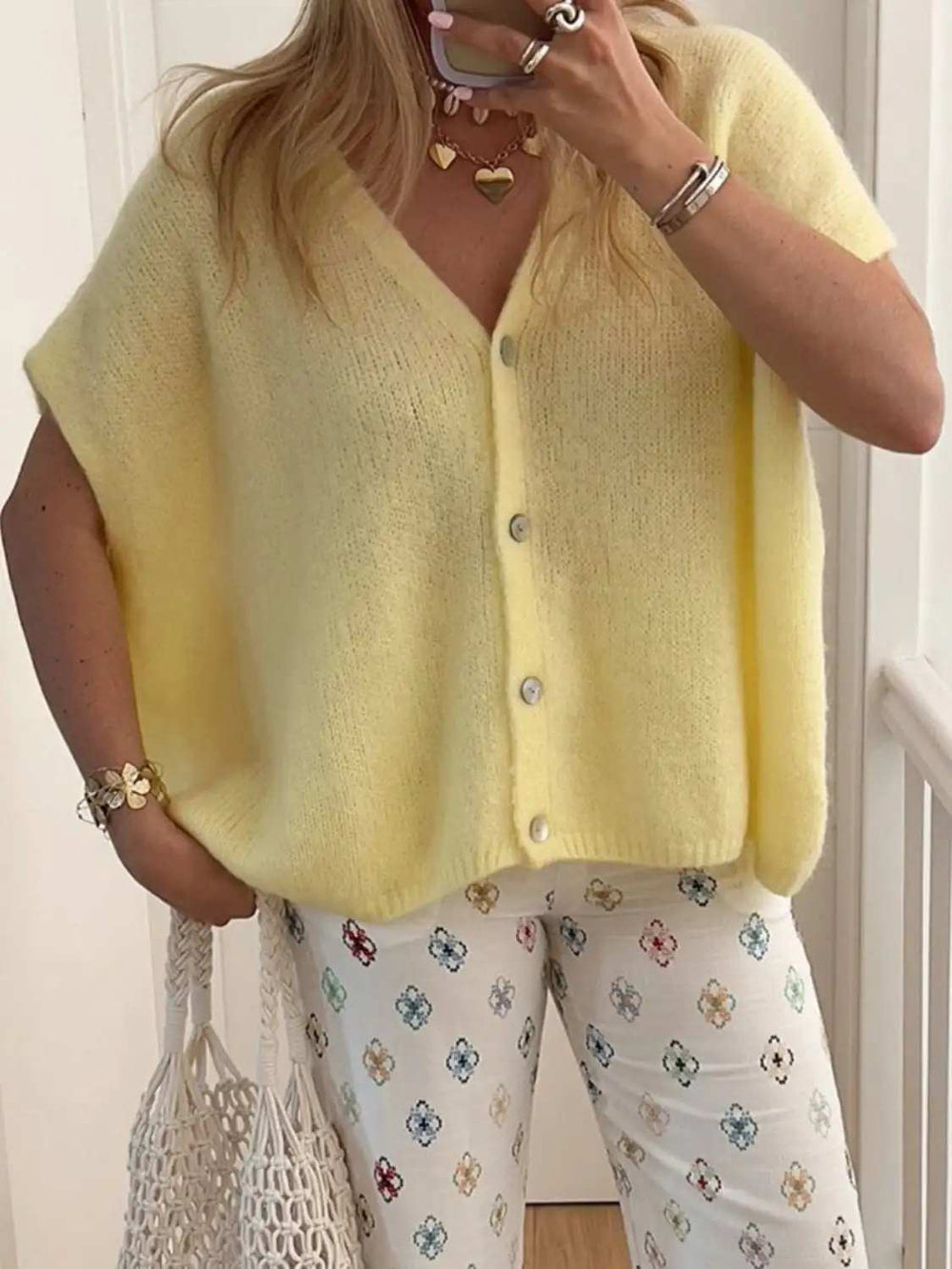 V-Neck Button Up Short Sleeve Cardigan - Trendsi - Flyclothing LLC