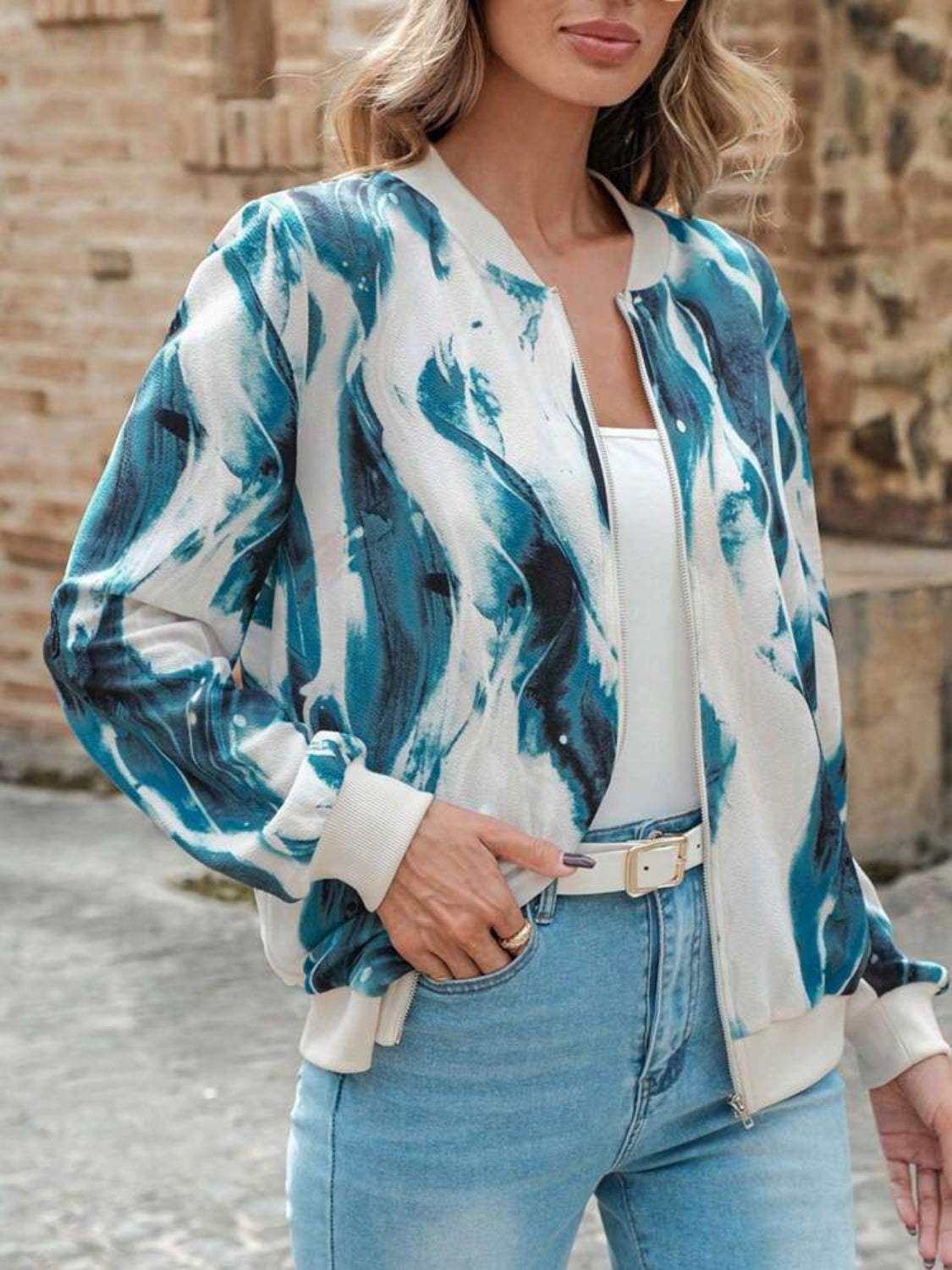 Printed Baseball Collar Zip Up Jacket - Trendsi - Flyclothing LLC