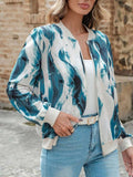 Printed Baseball Collar Zip Up Jacket - Trendsi