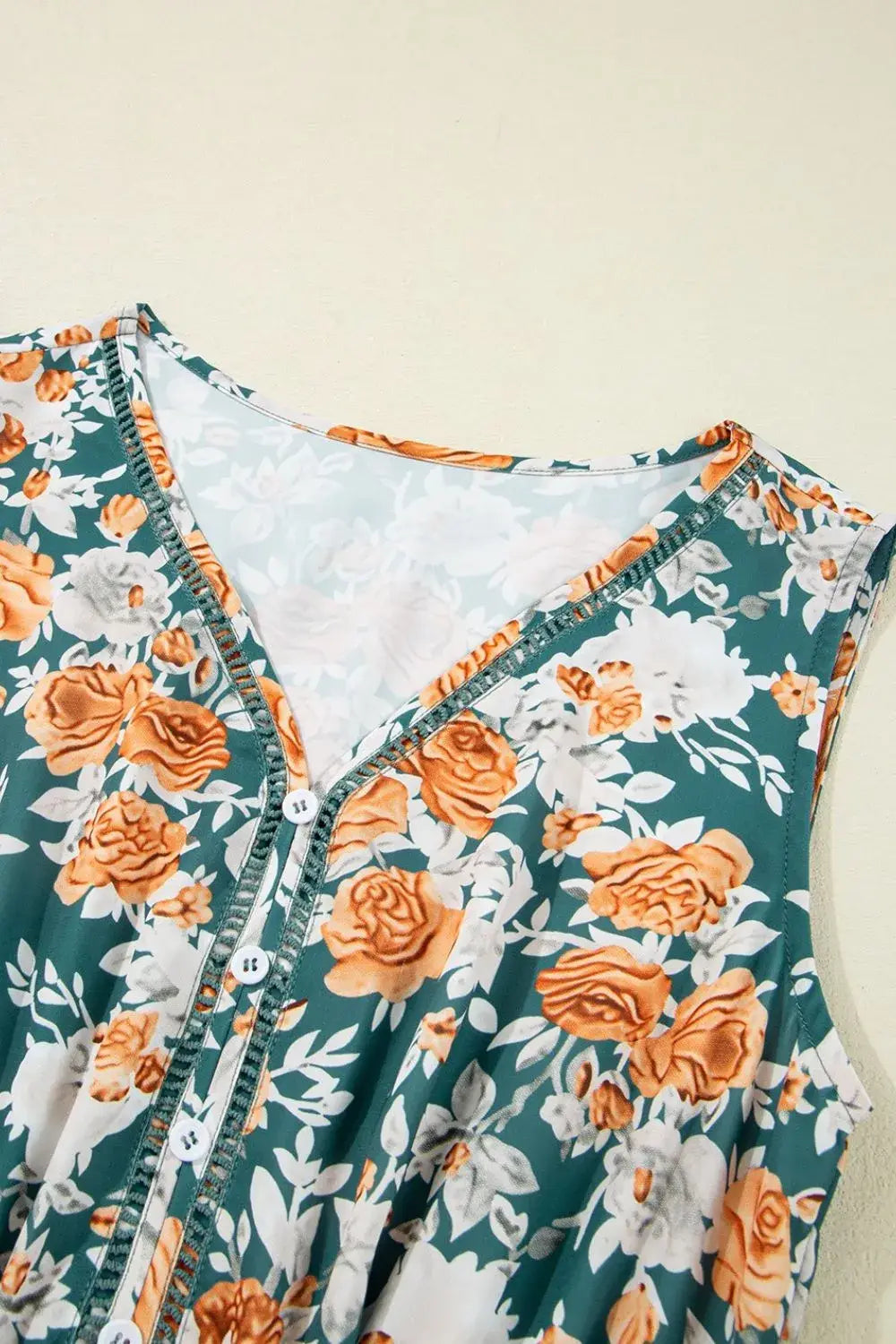 Floral Print Trimmed V Neck Tie Waist Sleeveless Dress - Trendsi - Flyclothing LLC