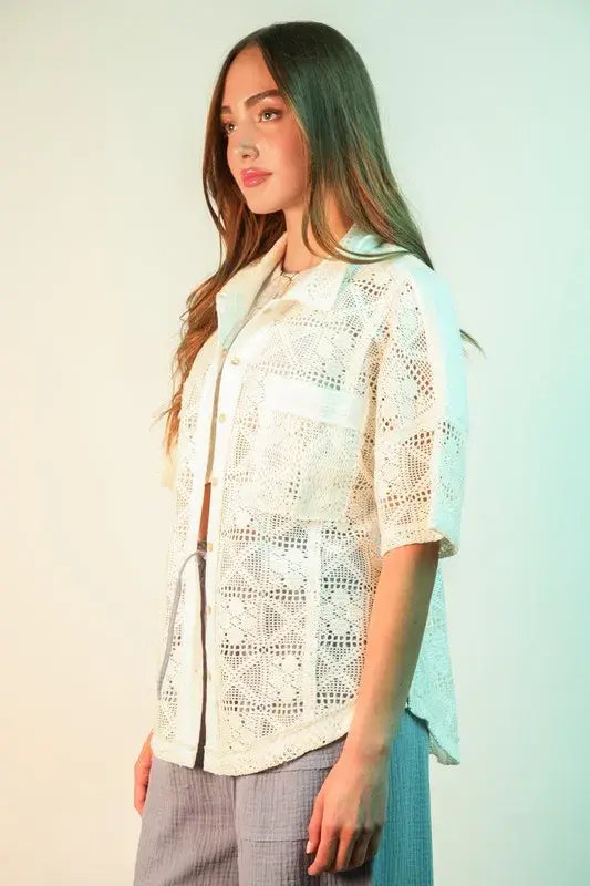 VERY J Plus Size Oversized Crochet Button Down Shirt Top - Trendsi - Flyclothing LLC