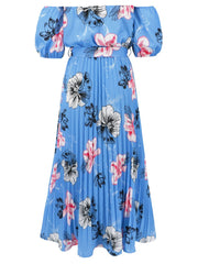 Pleated Floral Off-Shoulder Short Sleeve Midi Dress - Trendsi