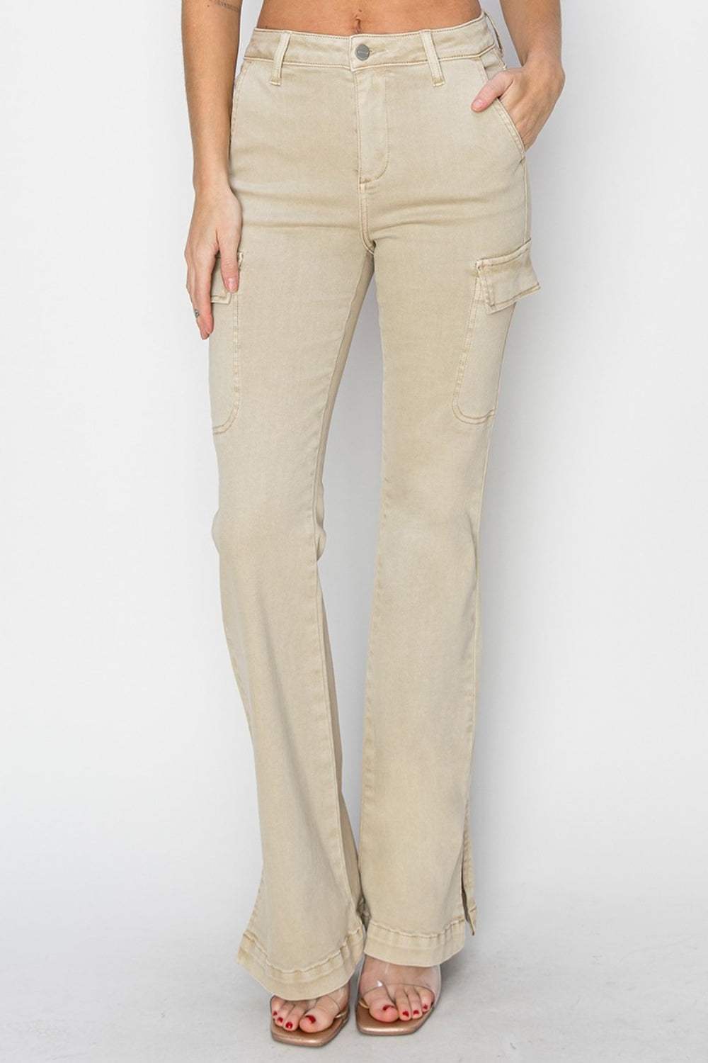 RISEN Full Size High Rise Side Slit Cargo Bootcut Jeans - Trendsi - Flyclothing LLC