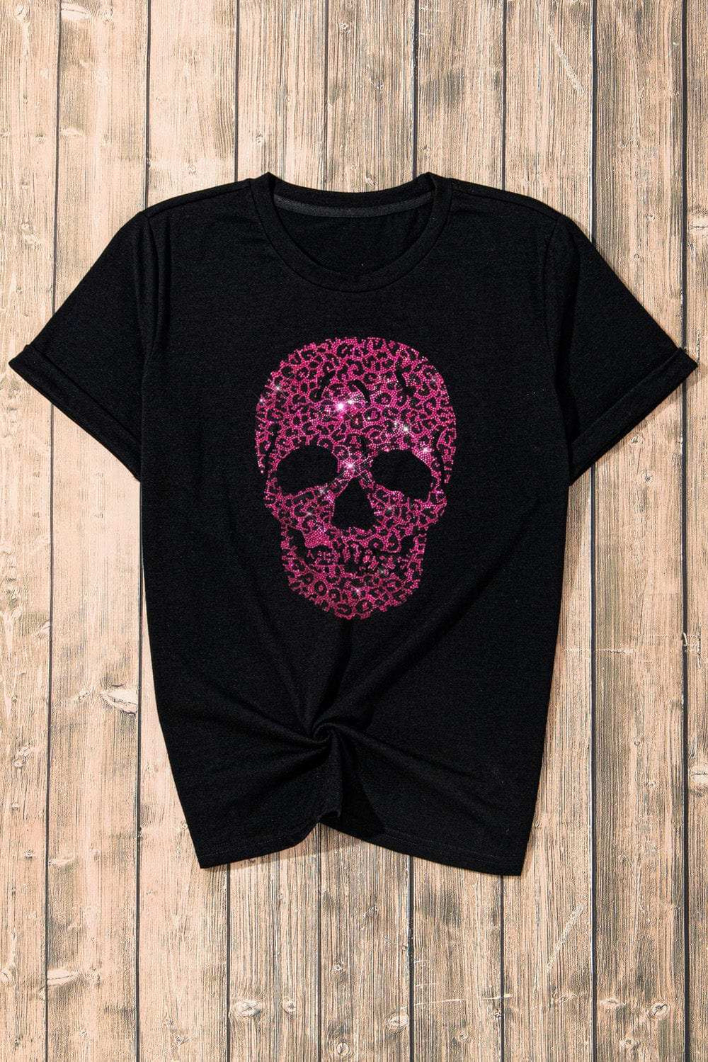 Rhinestone Round Neck Short Sleeve T-Shirt - Trendsi - Flyclothing LLC