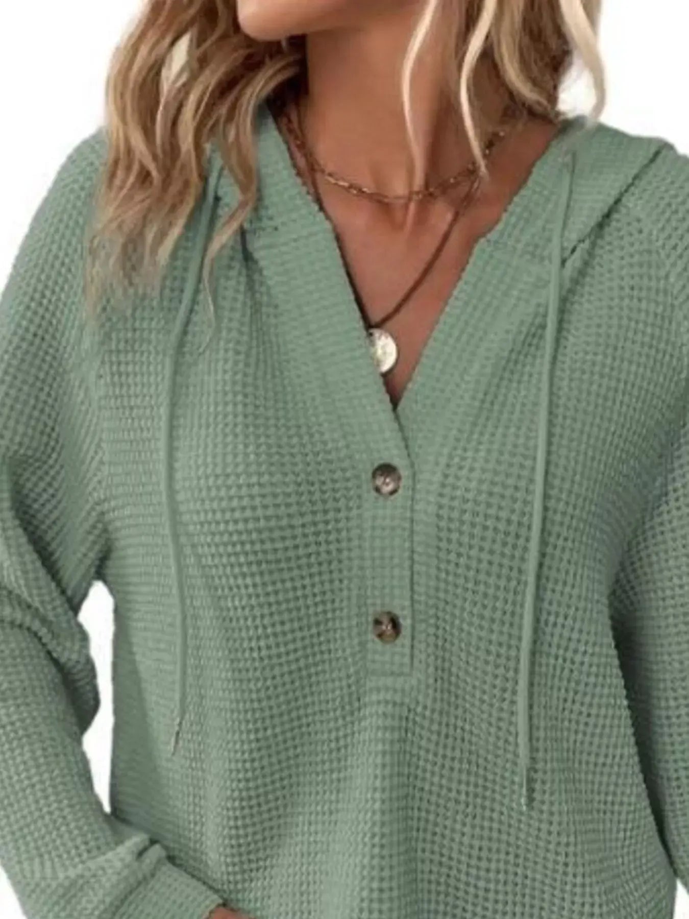 Full Size Button Detail Waffle Knit Hoodie Plus Size - Trendsi - Flyclothing LLC