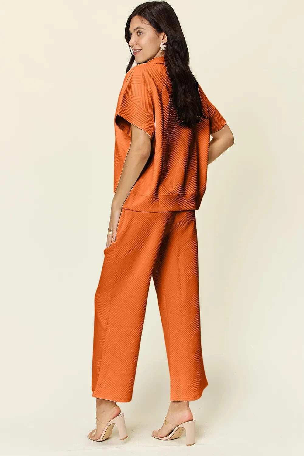Double Take Full Size Texture Half Zip Short Sleeve Top and Pants Set - Trendsi - Flyclothing LLC