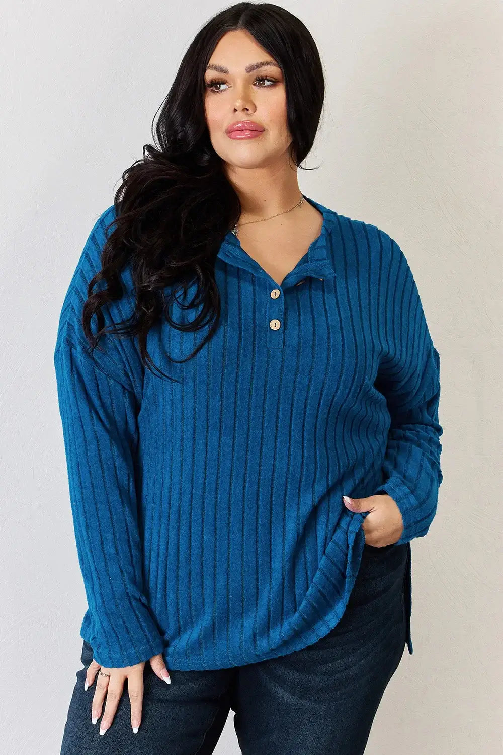 Basic Bae Full Size Ribbed Half Button Long Sleeve High-Low T-Shirt - ShopBasicbae - Flyclothing LLC