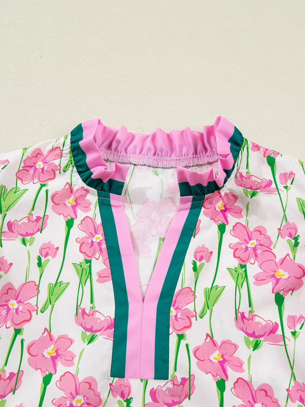 Floral Print Contrast Trim V Neck Double Ruffled Short Sleeve Blouse - Trendsi - Flyclothing LLC