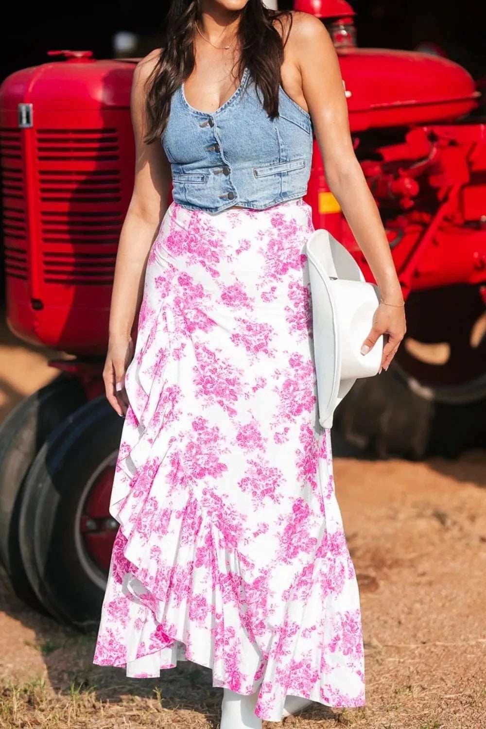 Boho Floral High Waist Ruffle Split Maxi Skirt - Trendsi - Flyclothing LLC
