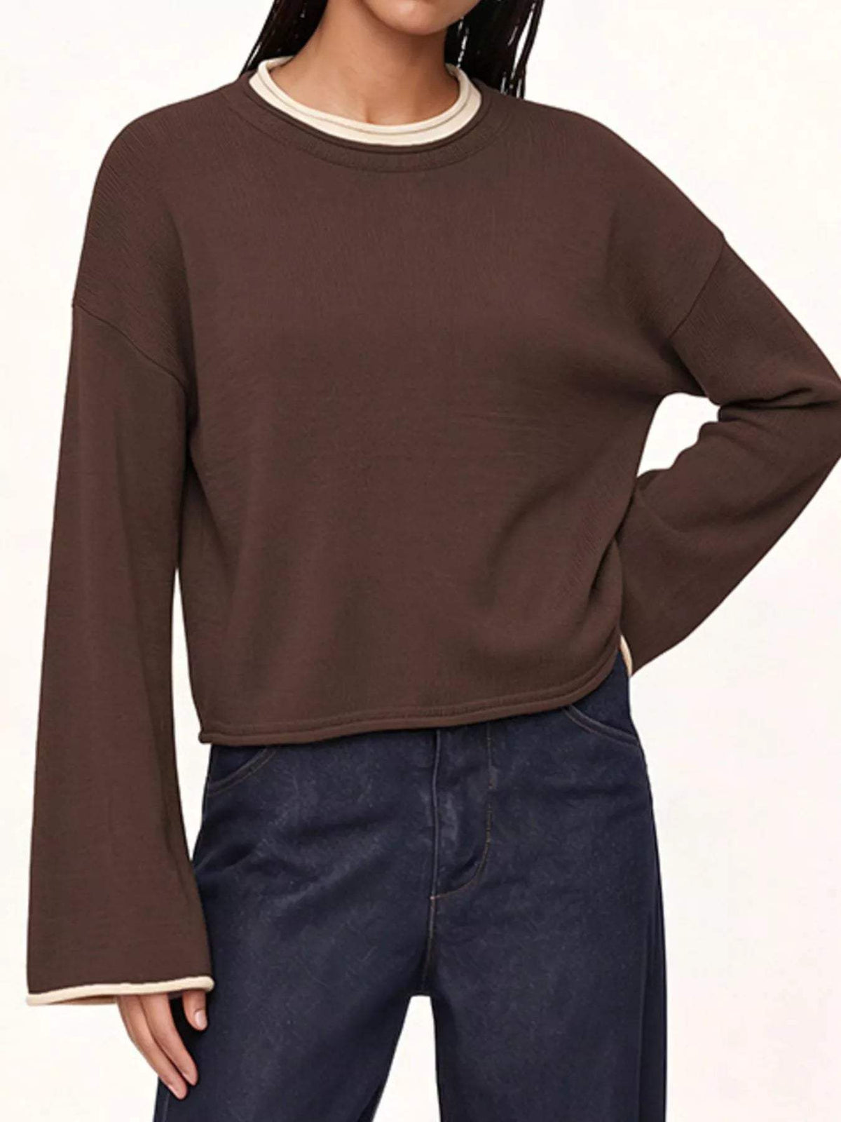 Crew Neck Dropped Shoulder Sweater - Trendsi - Flyclothing LLC