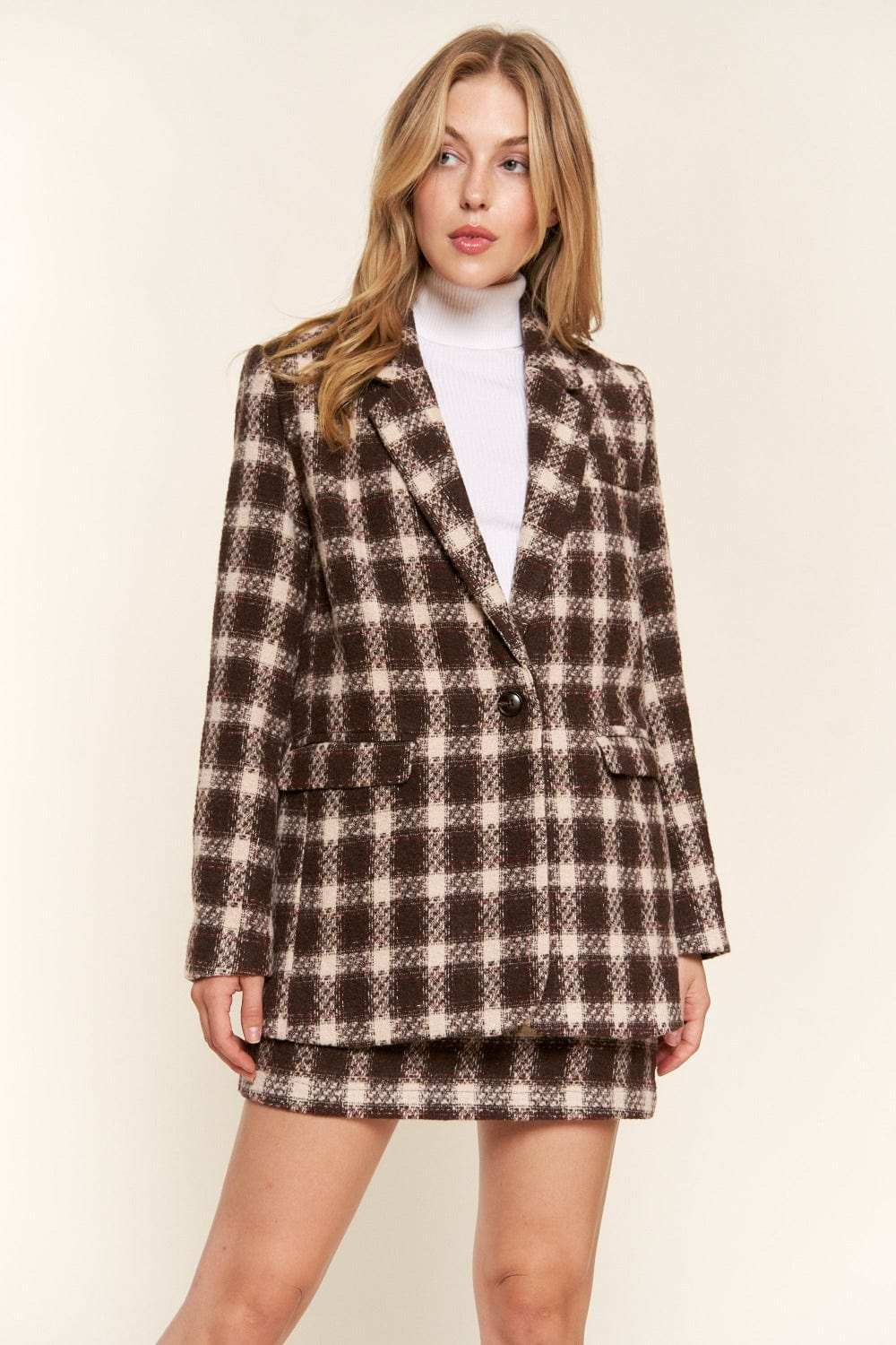 And The Why Full Size Plaid Brushed One Button Blazer - Trendsi - Flyclothing LLC