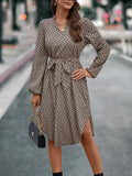 Tied Printed Notched Balloon Sleeve Dress - Trendsi