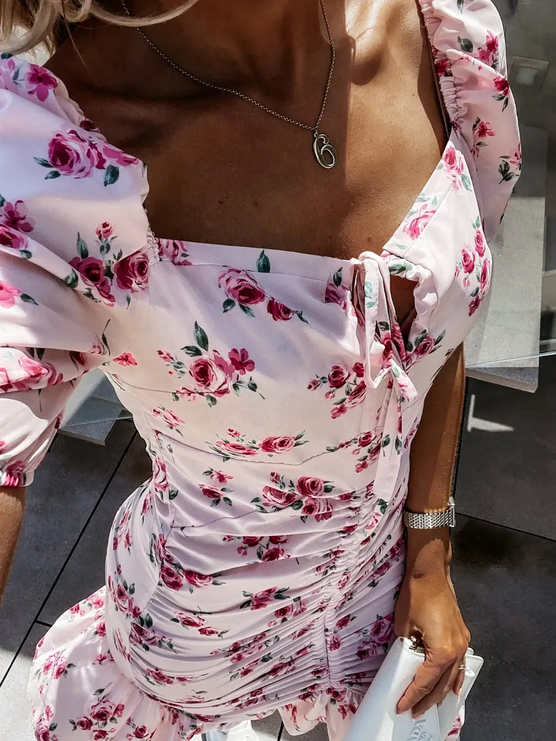 Ruched Floral Sweetheart Neck Mini Dress - Trendsi - Flyclothing LLC