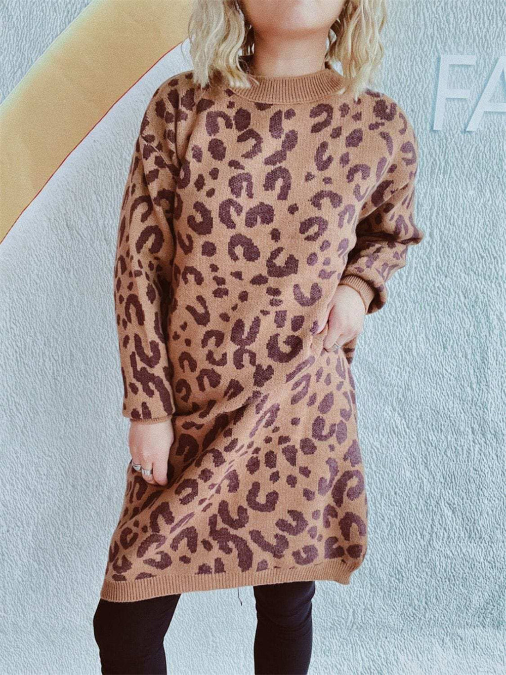 Leopard Round Neck Long Sleeve Sweater - Trendsi - Flyclothing LLC