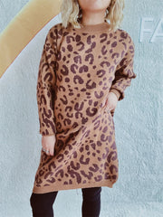 Leopard Round Neck Long Sleeve Sweater - Trendsi