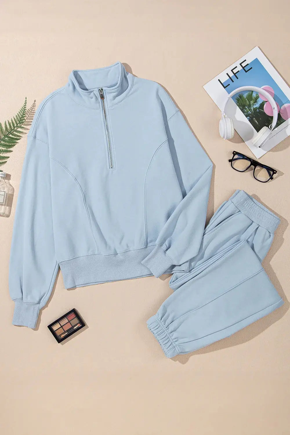 Half Zip Long Sleeve Top and Joggers Set - Trendsi - Flyclothing LLC