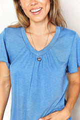 Double Take Ruched V-Neck Short Sleeve T-Shirt - Trendsi - Flyclothing LLC