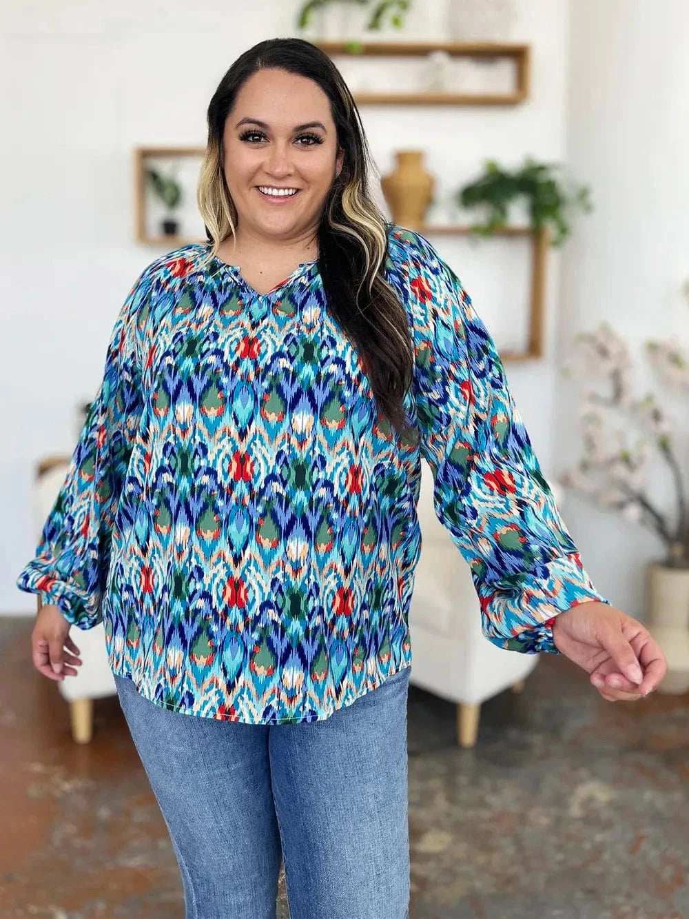 Double Take Full Size Printed Balloon Sleeve Blouse - Trendsi - Flyclothing LLC
