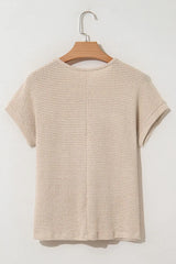Lace Patchwork Waffle Short Sleeve Knit Top - Trendsi - Flyclothing LLC