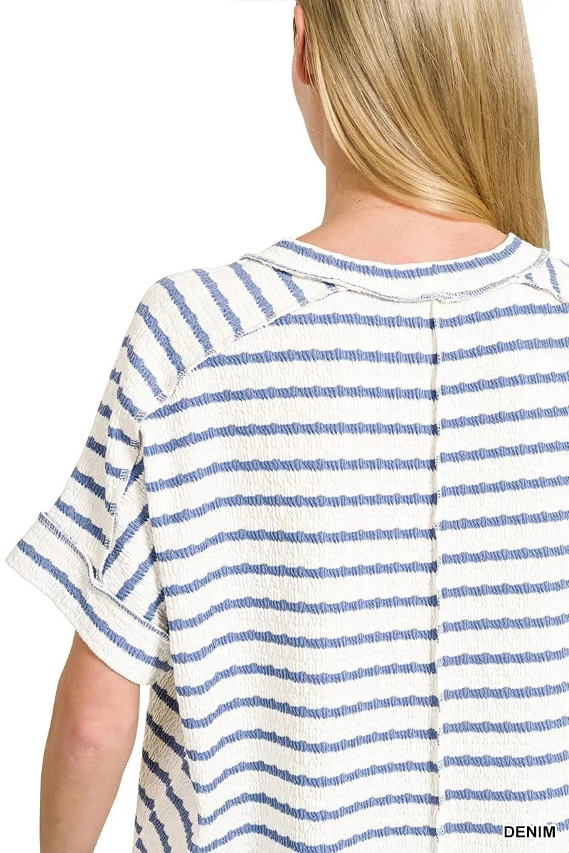 Zenana Stripe Jacquard Round-Meck Tee - Trendsi - Flyclothing LLC