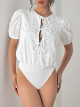 Perfee Tied Eyelet Short Sleeve Bodysuit - Trendsi - Flyclothing LLC