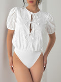 Perfee Tied Eyelet Short Sleeve Bodysuit - Trendsi