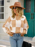 Angel Wings Checkered Round Neck Dropped Shoulder Sweater - Trendsi - Flyclothing LLC