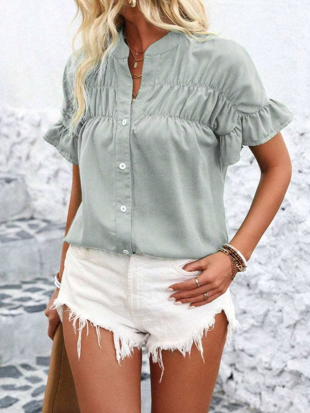 Button Down Ruffled Short Sleeve Shirt - Trendsi - Flyclothing LLC