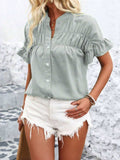 Button Down Ruffled Short Sleeve Shirt - Trendsi - Flyclothing LLC
