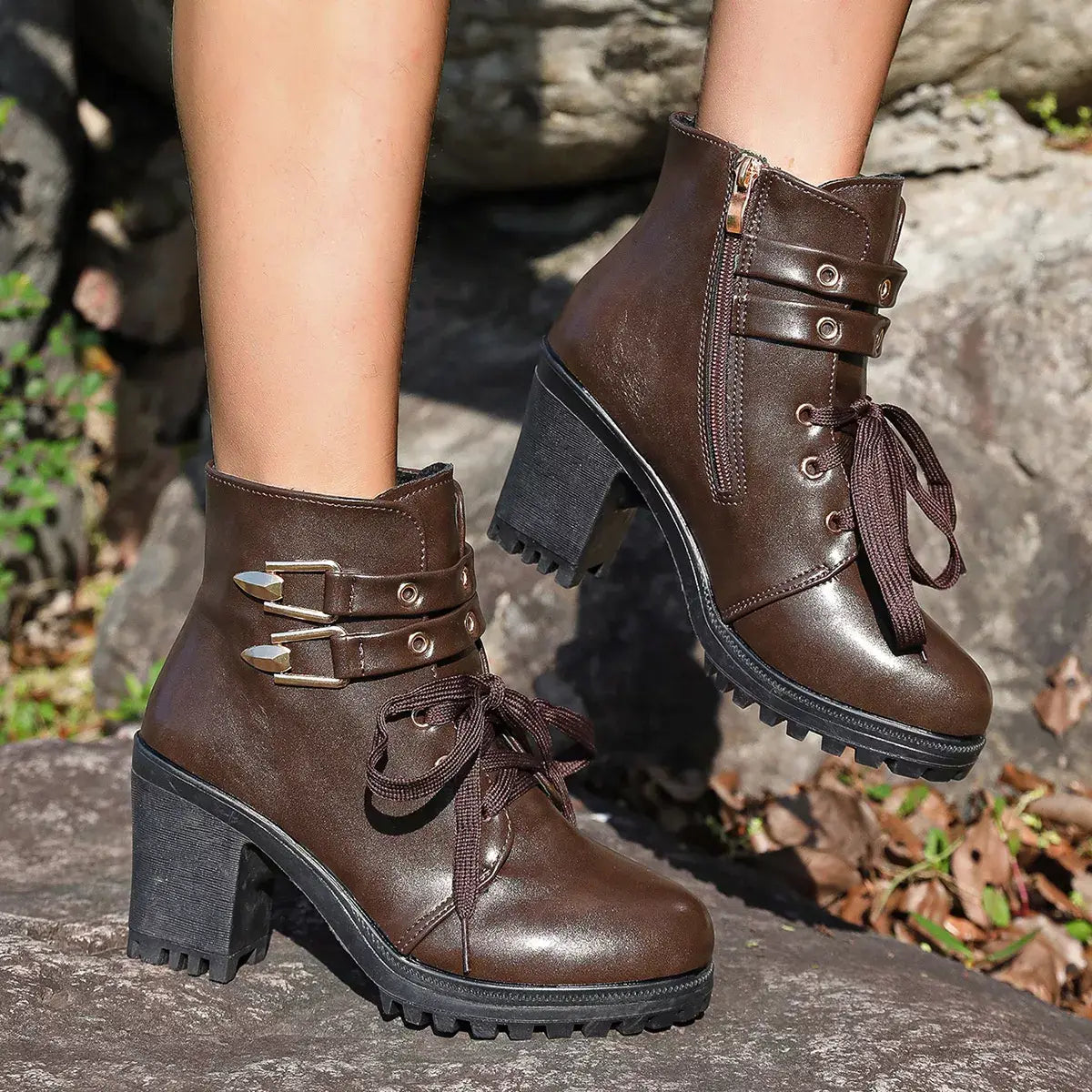 Lace Up Block Heels Boots - Trendsi - Flyclothing LLC