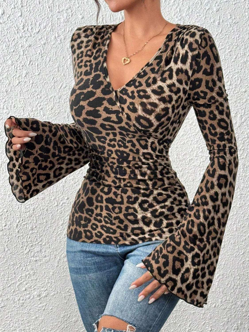 Leopard Surplice Flare Sleeve Top - Trendsi - Flyclothing LLC