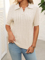 Mandy Cable Knit Johnny Collar Half Sleeve Sweater - Trendsi - Flyclothing LLC