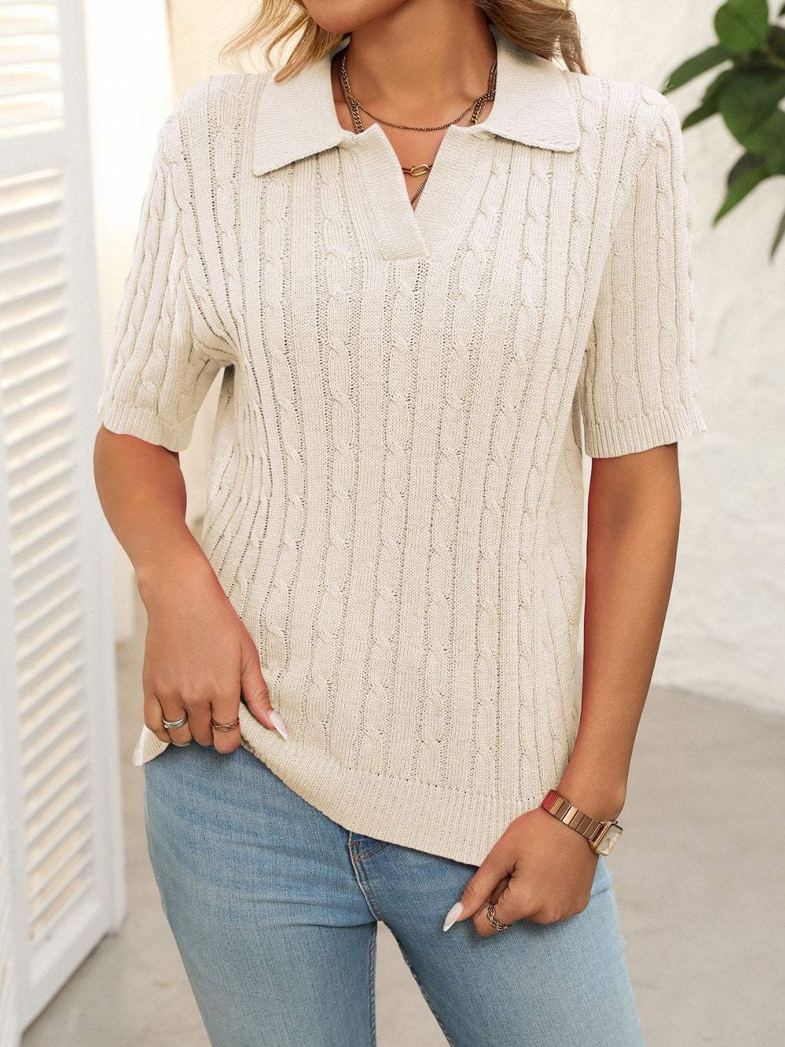 Mandy Cable Knit Johnny Collar Half Sleeve Sweater - Trendsi - Flyclothing LLC