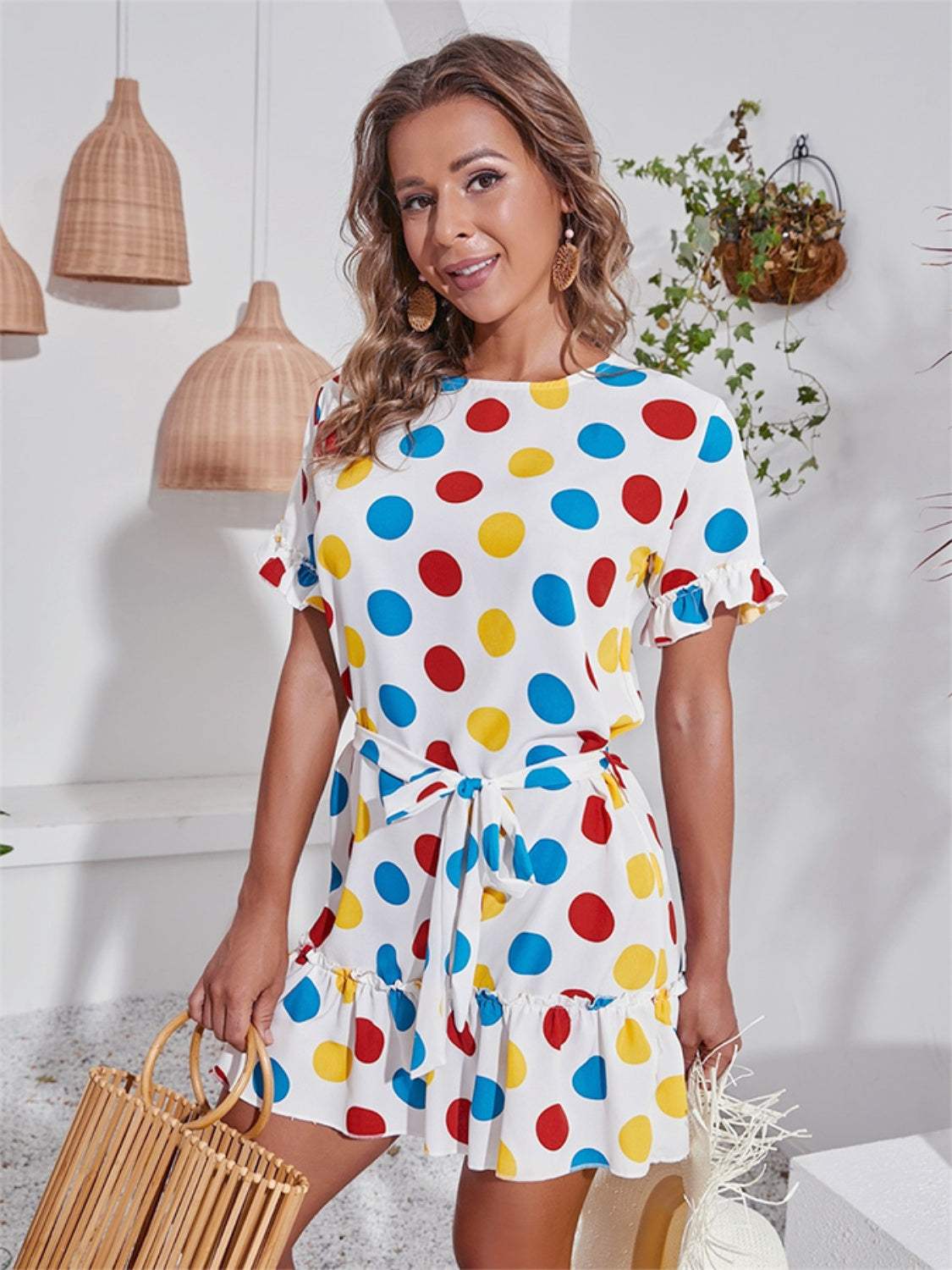 Tied Frill Short Sleeve Mini Dress - Trendsi - Flyclothing LLC