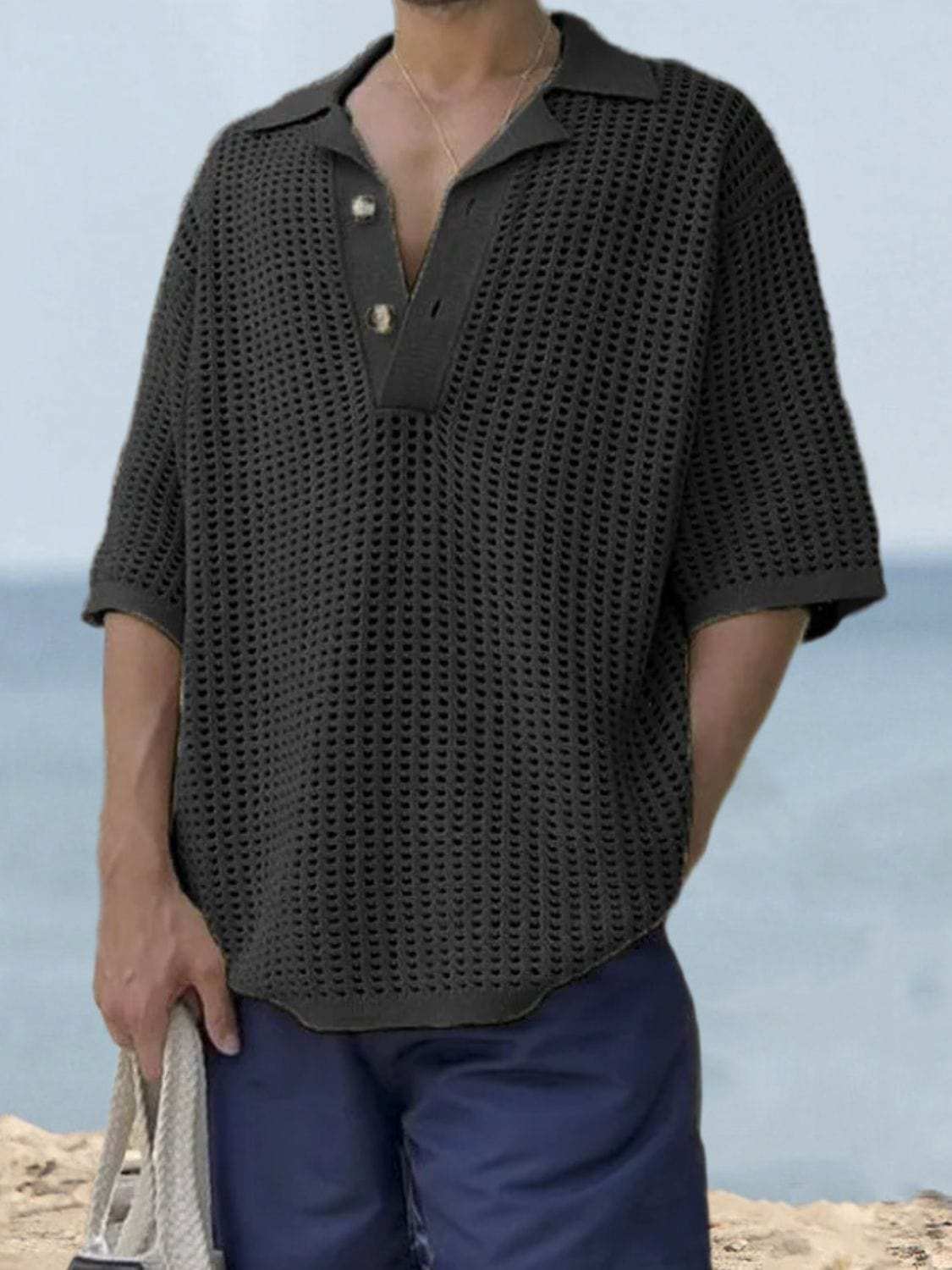 Men's Plus Size Openwork Collared Neck Quarter Button Knit Polo - Trendsi - Flyclothing LLC