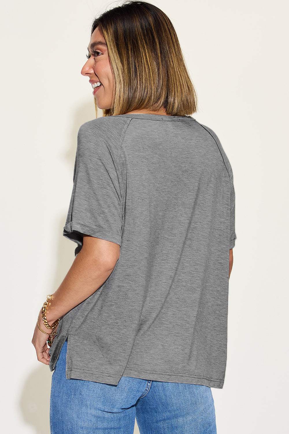 Basic Bae Full Size Bamboo Slit V-Neck Short Sleeve T-Shirt - Trendsi - Flyclothing LLC