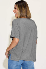 Basic Bae Full Size Bamboo Slit V-Neck Short Sleeve T-Shirt - Trendsi - Flyclothing LLC