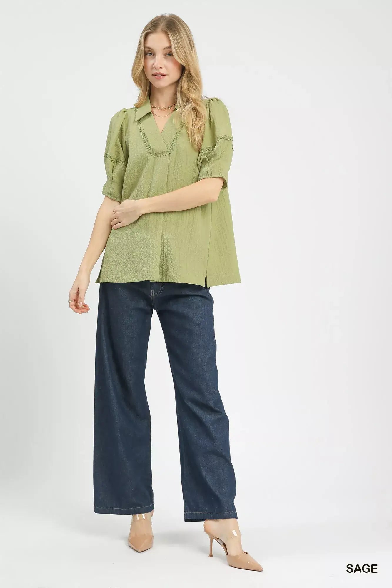 Umgee Textured Puff Sleeve Top - Trendsi - Flyclothing LLC