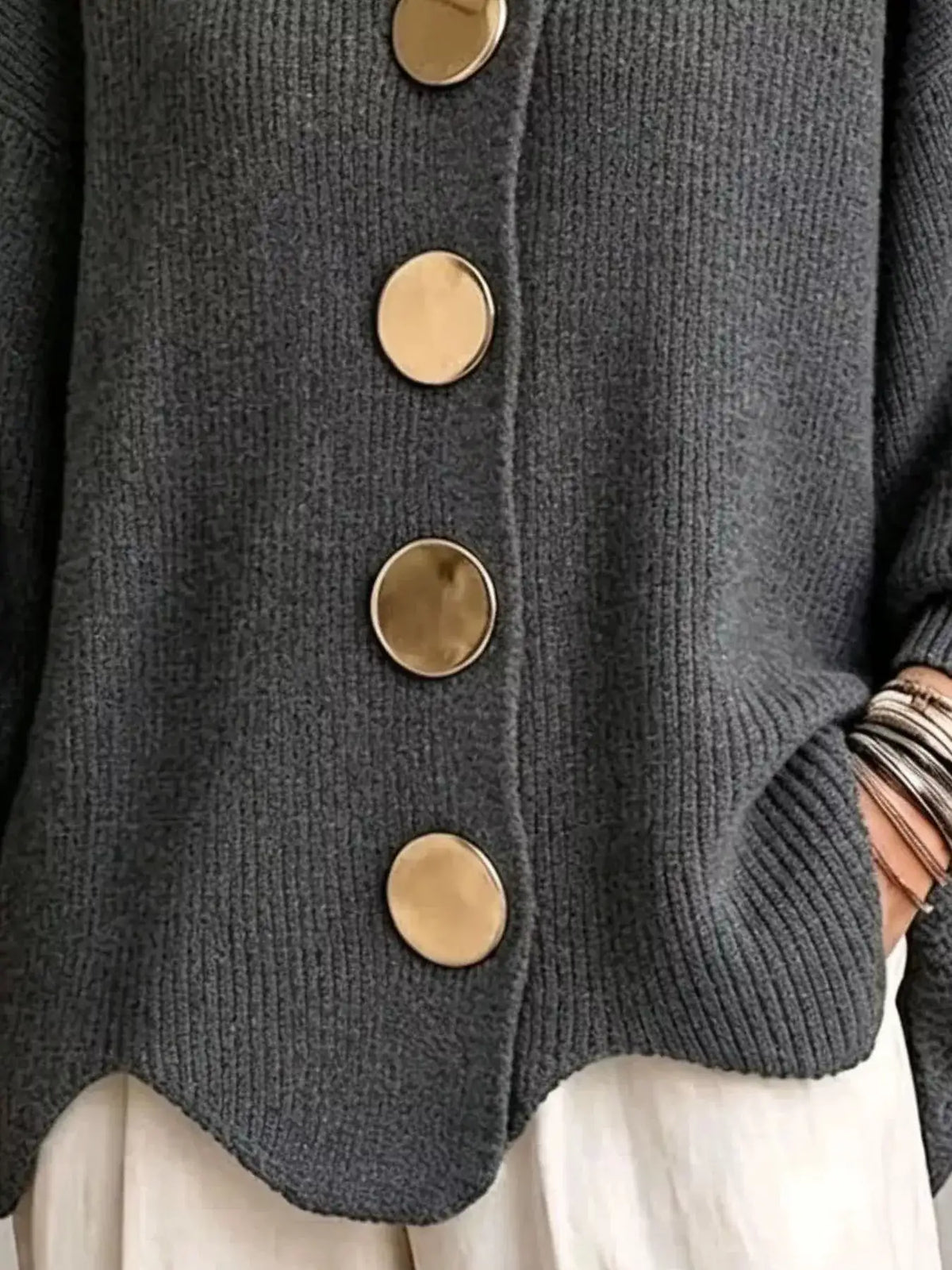 Full Size Gold Buttons Lantern Sleeve Cardigan Plus Size - Trendsi - Flyclothing LLC