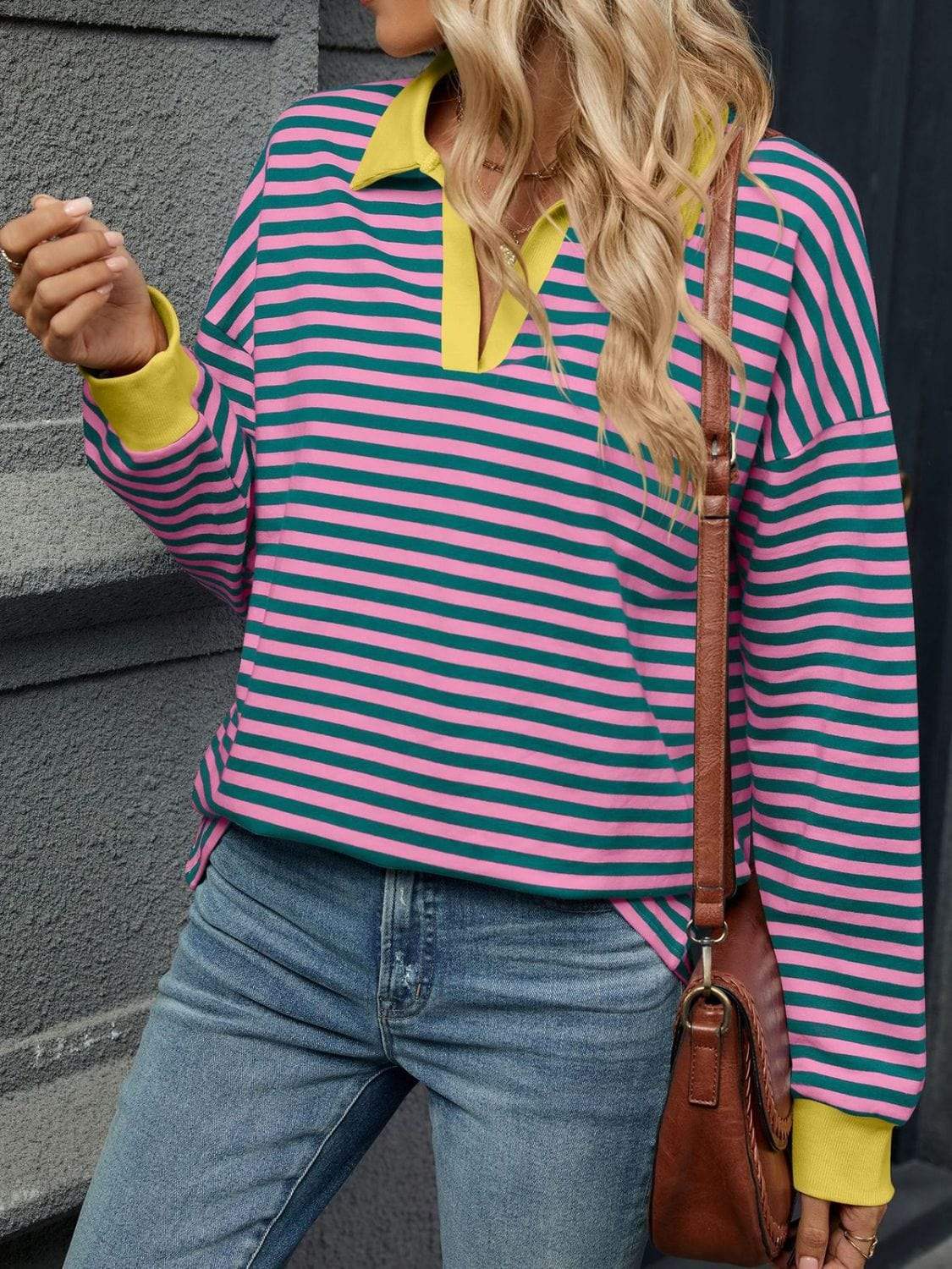 Striped Johnny Collar Long Sleeve Sweatshirt - Trendsi - Flyclothing LLC