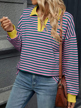 Striped Johnny Collar Long Sleeve Sweatshirt - Trendsi - Flyclothing LLC