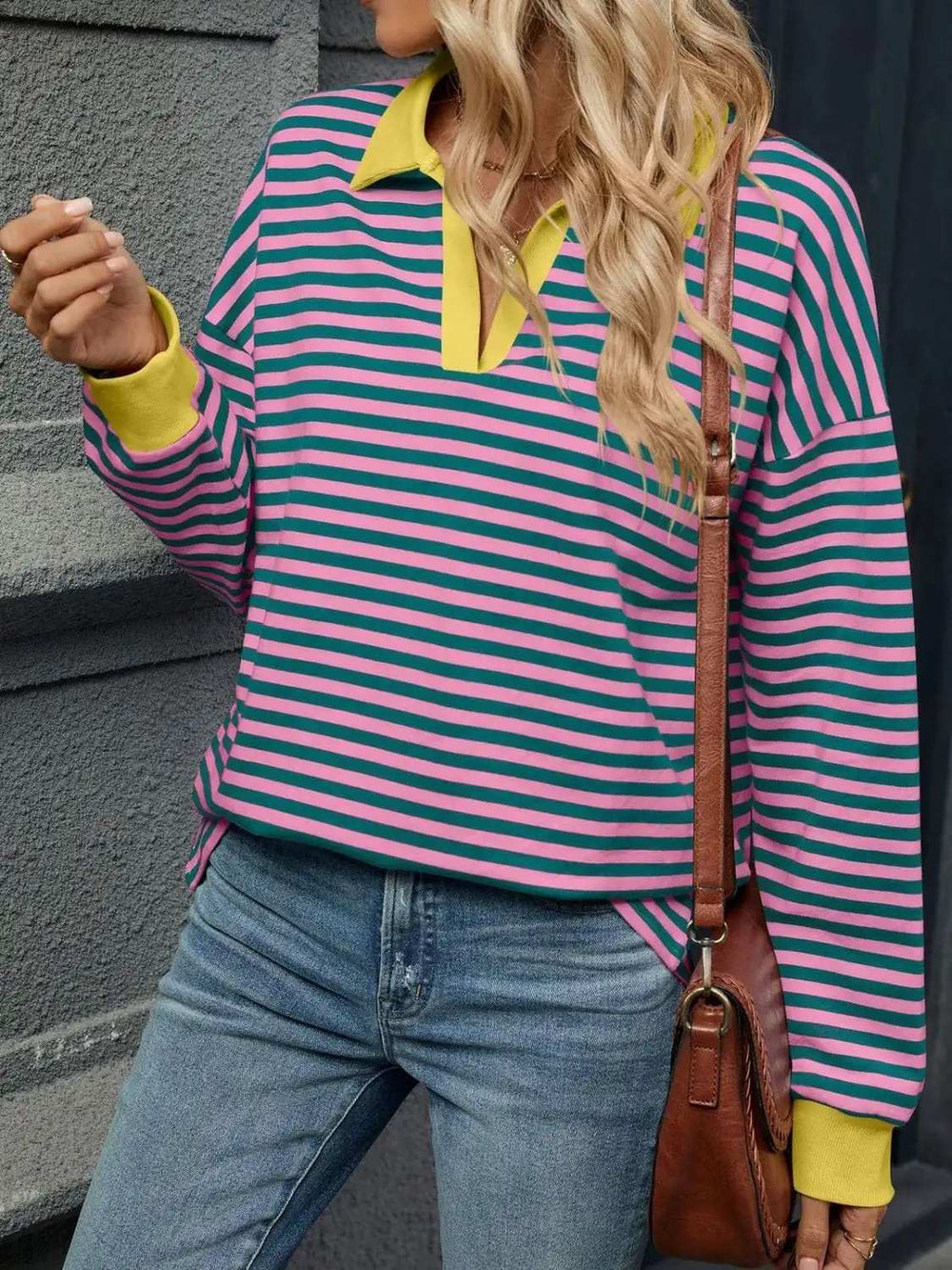 Striped Johnny Collar Long Sleeve Sweatshirt - Trendsi - Flyclothing LLC