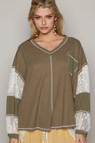 POL V-Neck Lace Balloon Sleeve Exposed Seam Top - Trendsi
