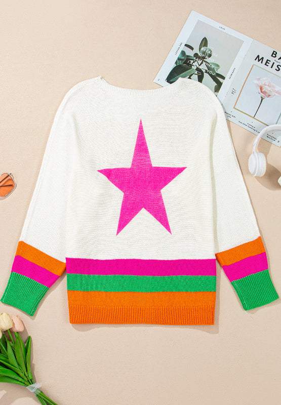 Star Contrast Round Neck Long Sleeve Knit Top - Trendsi - Flyclothing LLC