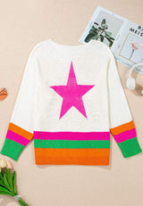 Star Contrast Round Neck Long Sleeve Knit Top - Trendsi - Flyclothing LLC