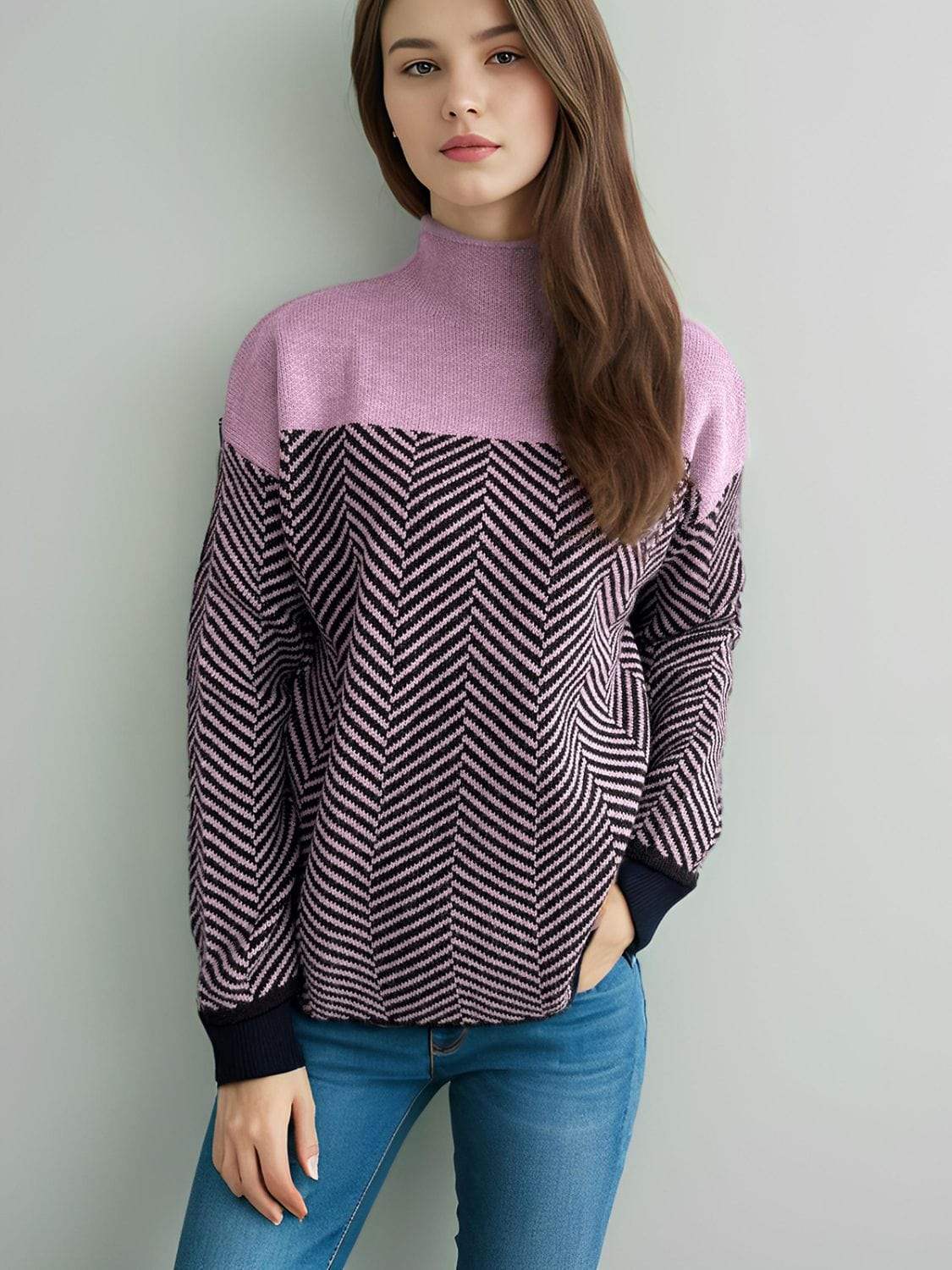 Contrast Turtleneck Long Sleeve Sweater - Trendsi - Flyclothing LLC