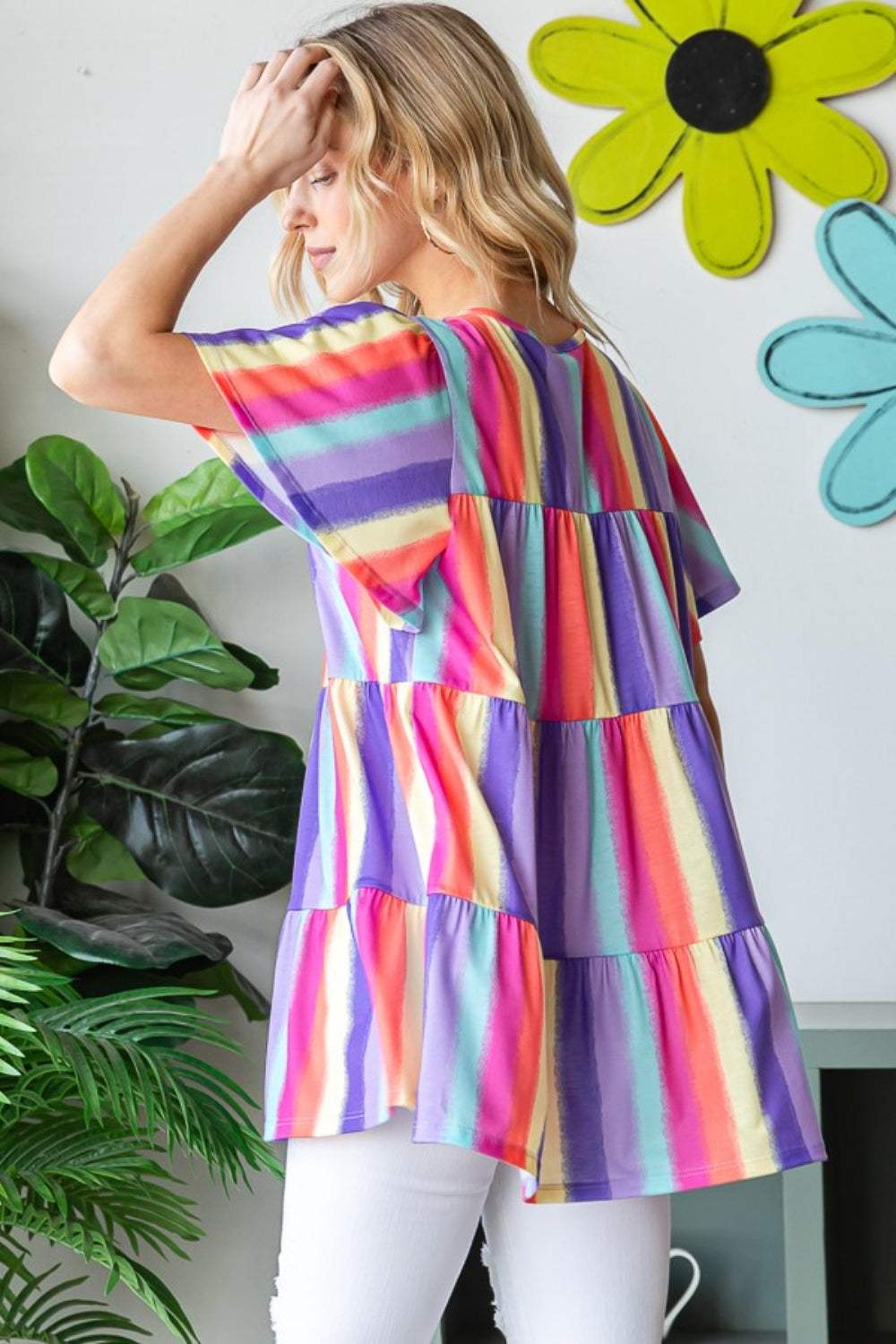 Heimish Full Size Short Sleeve Striped Tiered Top - Trendsi - Flyclothing LLC