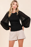 Mittoshop Mixed Media Textured Knit Chiffon Long Sleeve Top - Trendsi