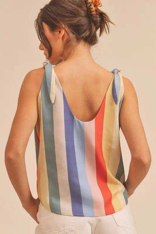 Aemi + Co Contrast Striped Scoop Neck Tie Shoulder Tank - Trendsi - Flyclothing LLC