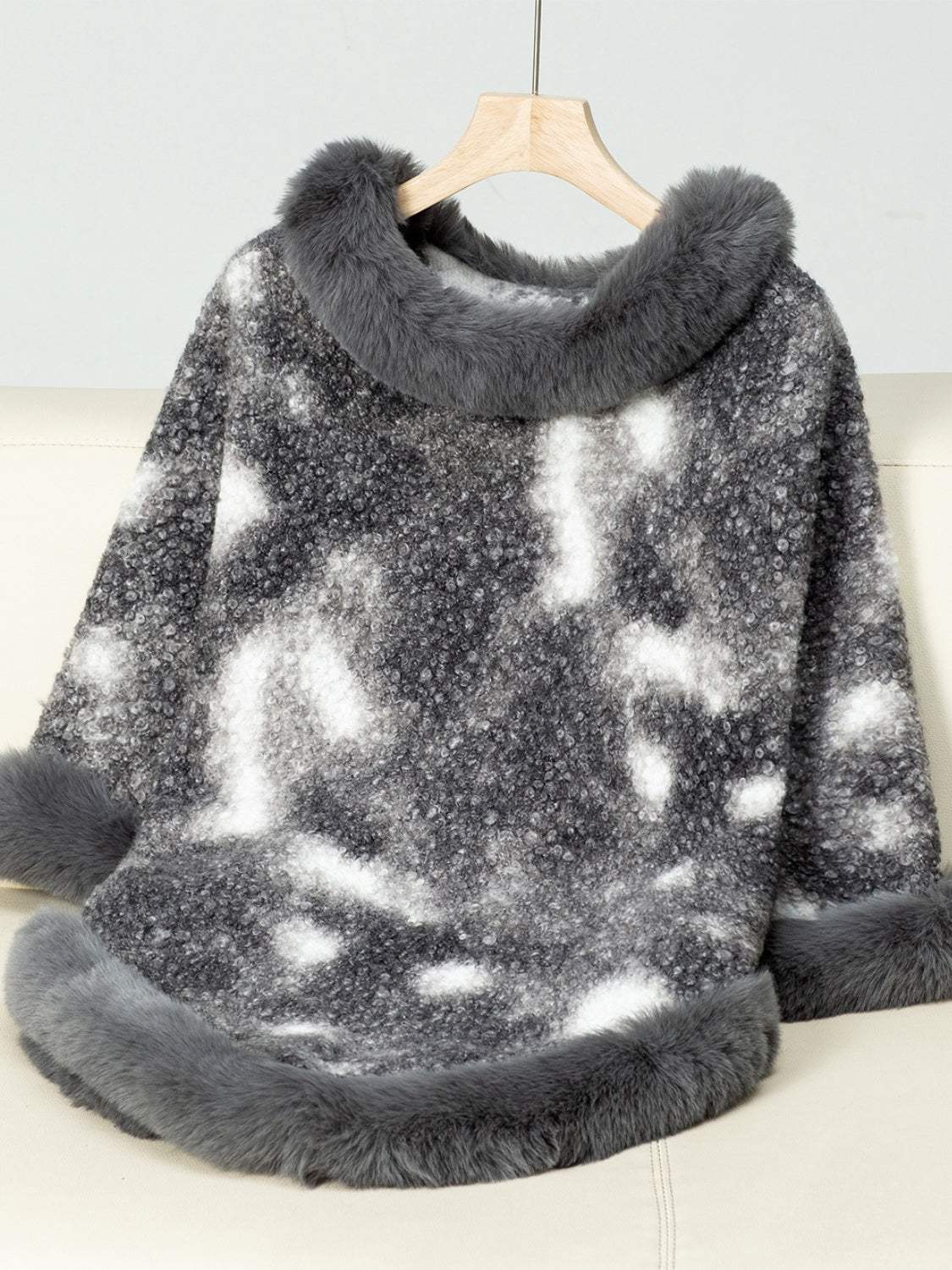 Furry Contrast Three-Quarter Poncho - Trendsi - Flyclothing LLC